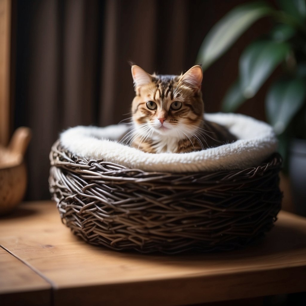 A cozy nest with a soft blanket, warm milk in a shallow dish, and a small litter box with litter