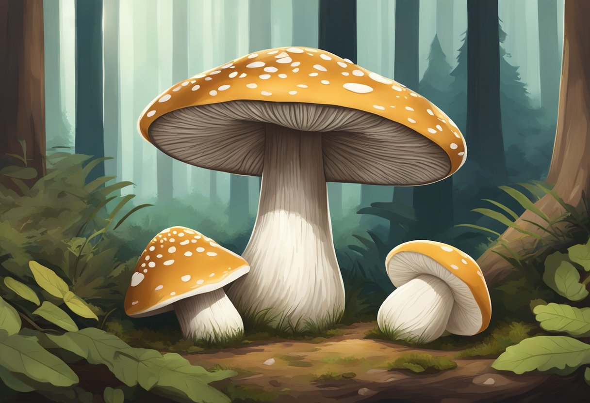 Shiitake mushroom and white mushroom face off on a forest floor