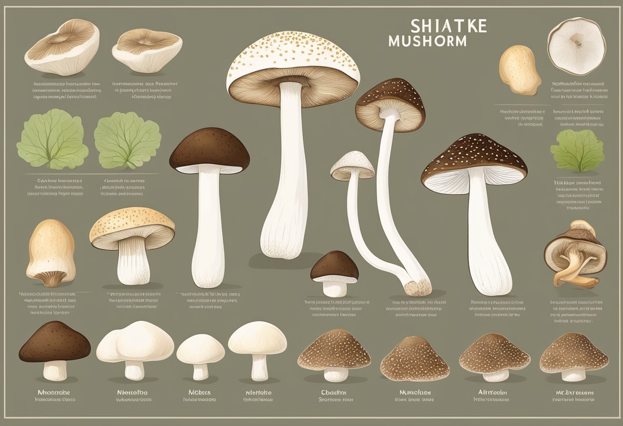 Shiitake mushroom and white mushroom side by side, with labels showing their nutritional profiles and health benefits