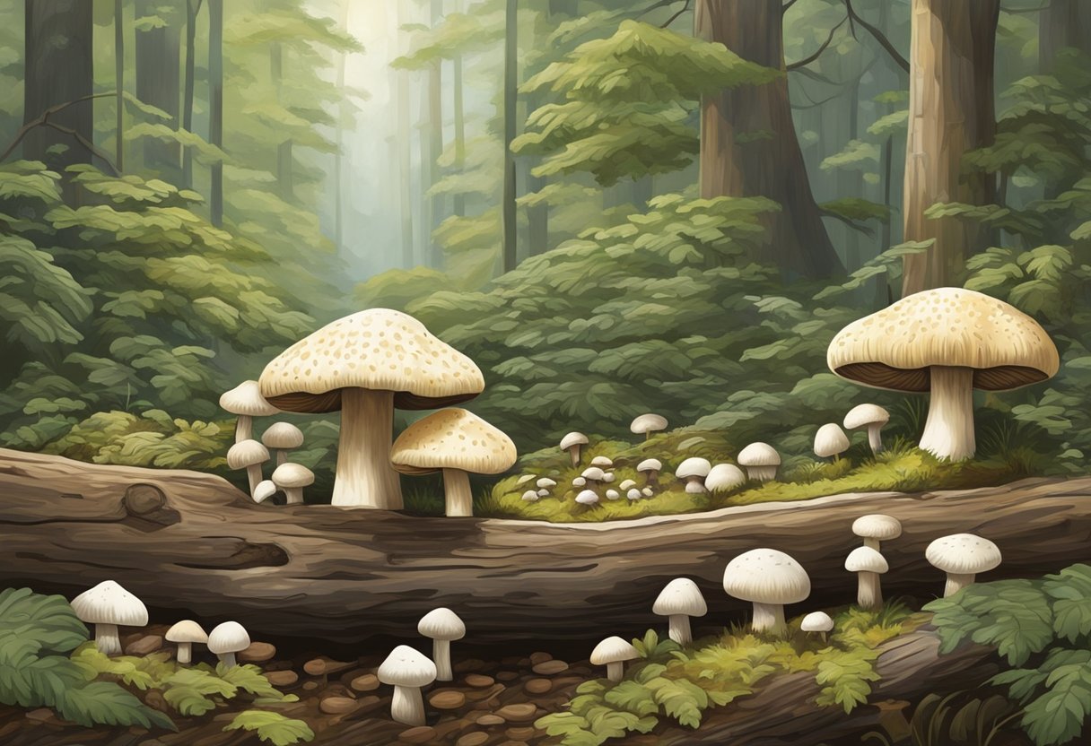Shiitake mushrooms grow on logs in a forest, while white mushrooms are cultivated in a controlled indoor environment. Both types are available for sale at a local market