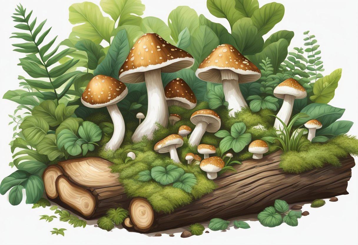 Lush forest with shiitake mushrooms growing on fallen logs, surrounded by diverse plant life. White mushrooms nearby in a well-maintained garden setting