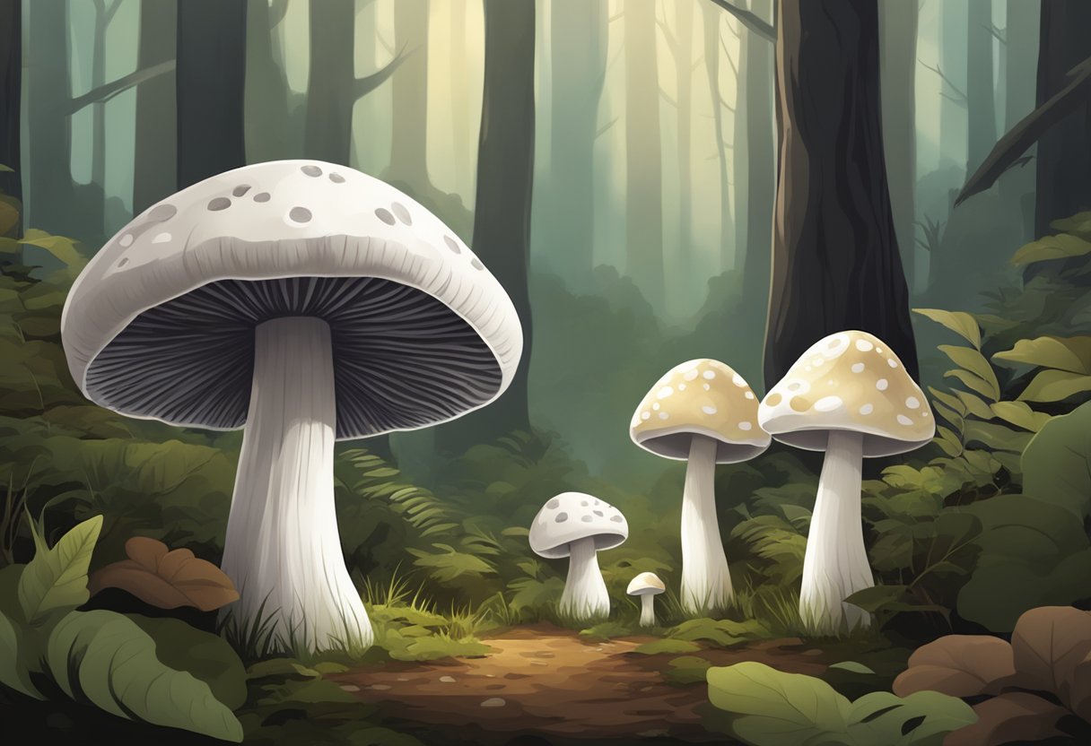 A white mushroom and a cremini mushroom face off on a forest floor