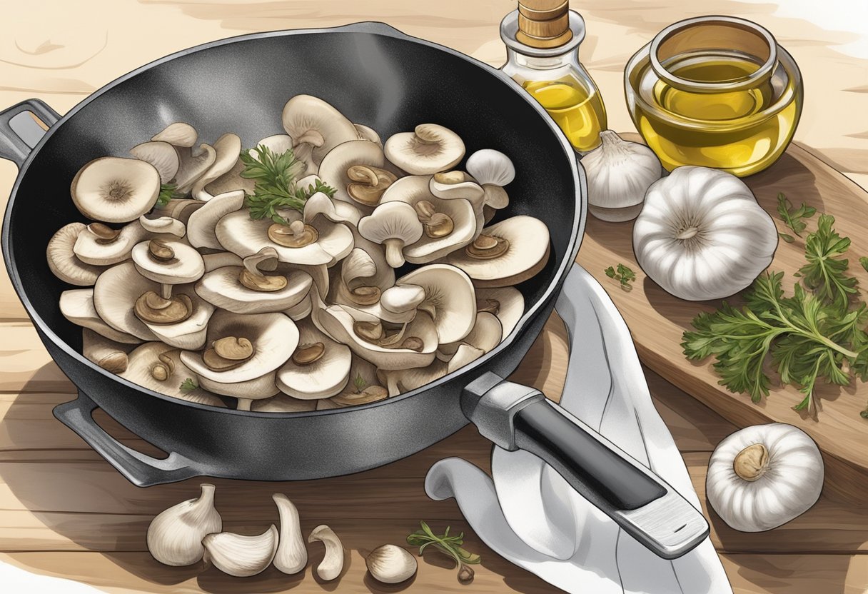 White mushrooms and cremini are sliced and sautéed in a sizzling pan with garlic and olive oil. The aroma of earthy mushrooms fills the air as they cook to perfection
