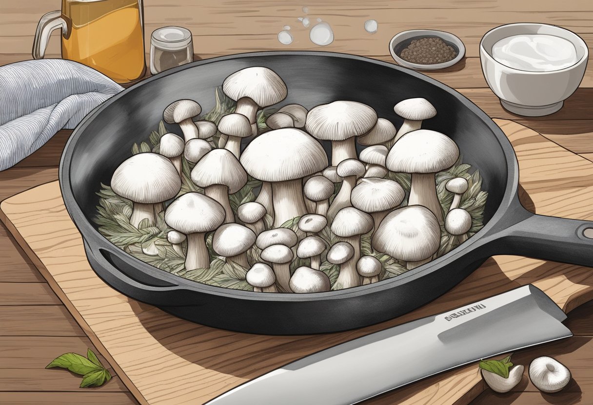 White mushrooms and cremini are displayed on a clean cutting board with a knife nearby. A bowl of water sits next to them for washing, and a skillet is ready for cooking