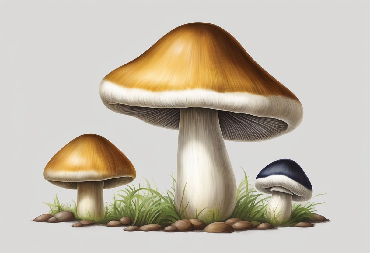 A white mushroom and a portabella stand side by side, showcasing their distinct shapes and sizes. The white mushroom is small and round, while the portabella is larger and more robust, with a wide cap and thick stem