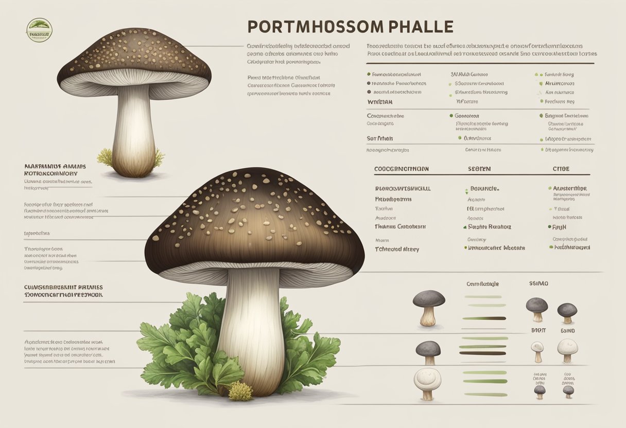 A white mushroom and a portabella are side by side, with their respective nutritional profiles listed beside them