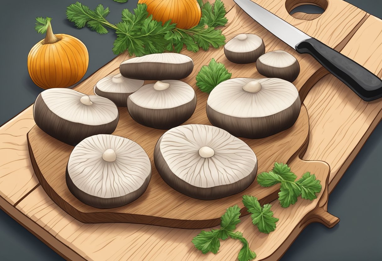 A chef slices white mushrooms and portabellas on a cutting board, preparing them for culinary use