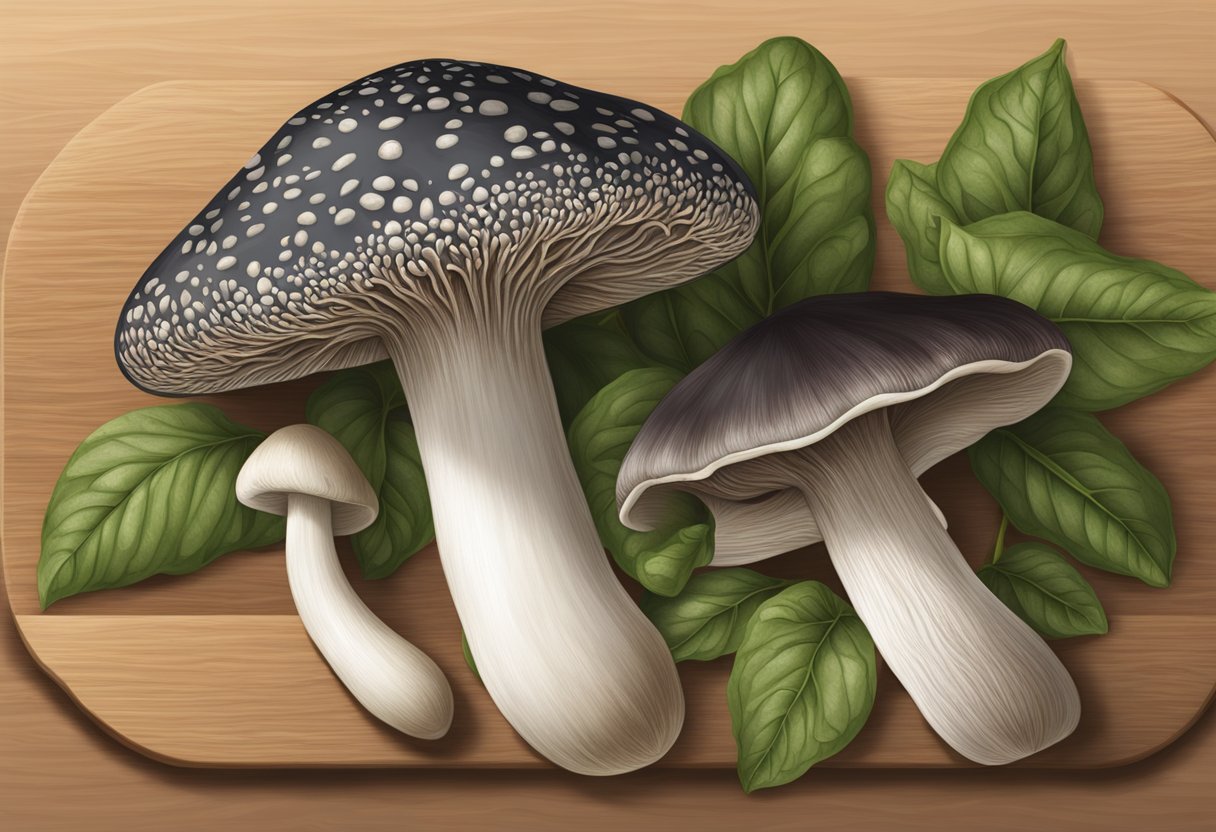 A white mushroom and a portabella sit side by side on a cutting board, showcasing their differences in size, color, and texture