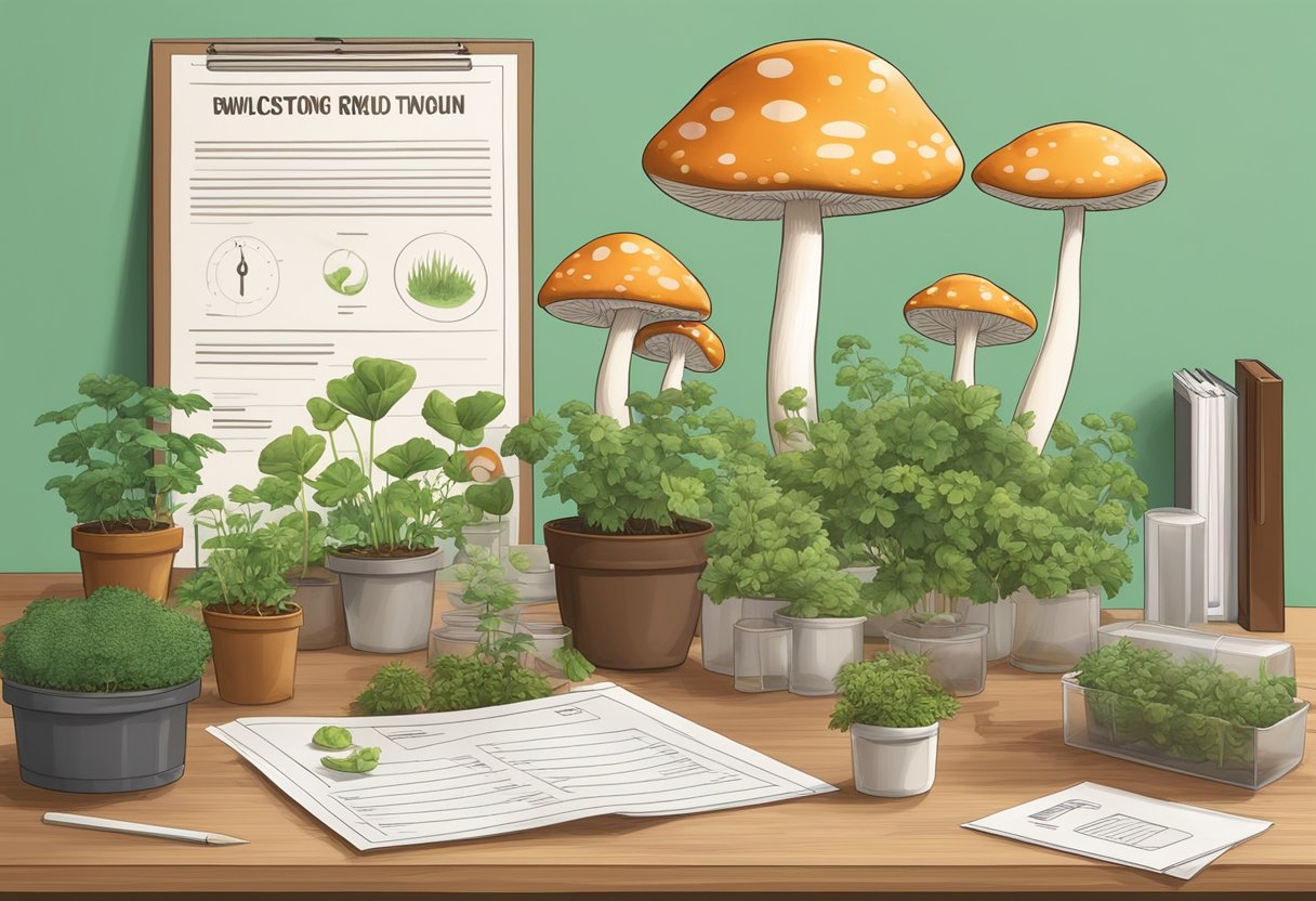 A mushroom grow kit sits on a table, surrounded by legal documents and a scale