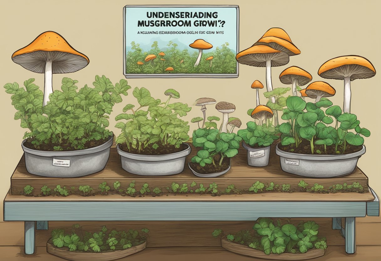 A table with mushroom grow kits, a sign reading "Understanding Mushroom Grow Kits," and a question "Are mushroom grow kits illegal?" displayed prominently