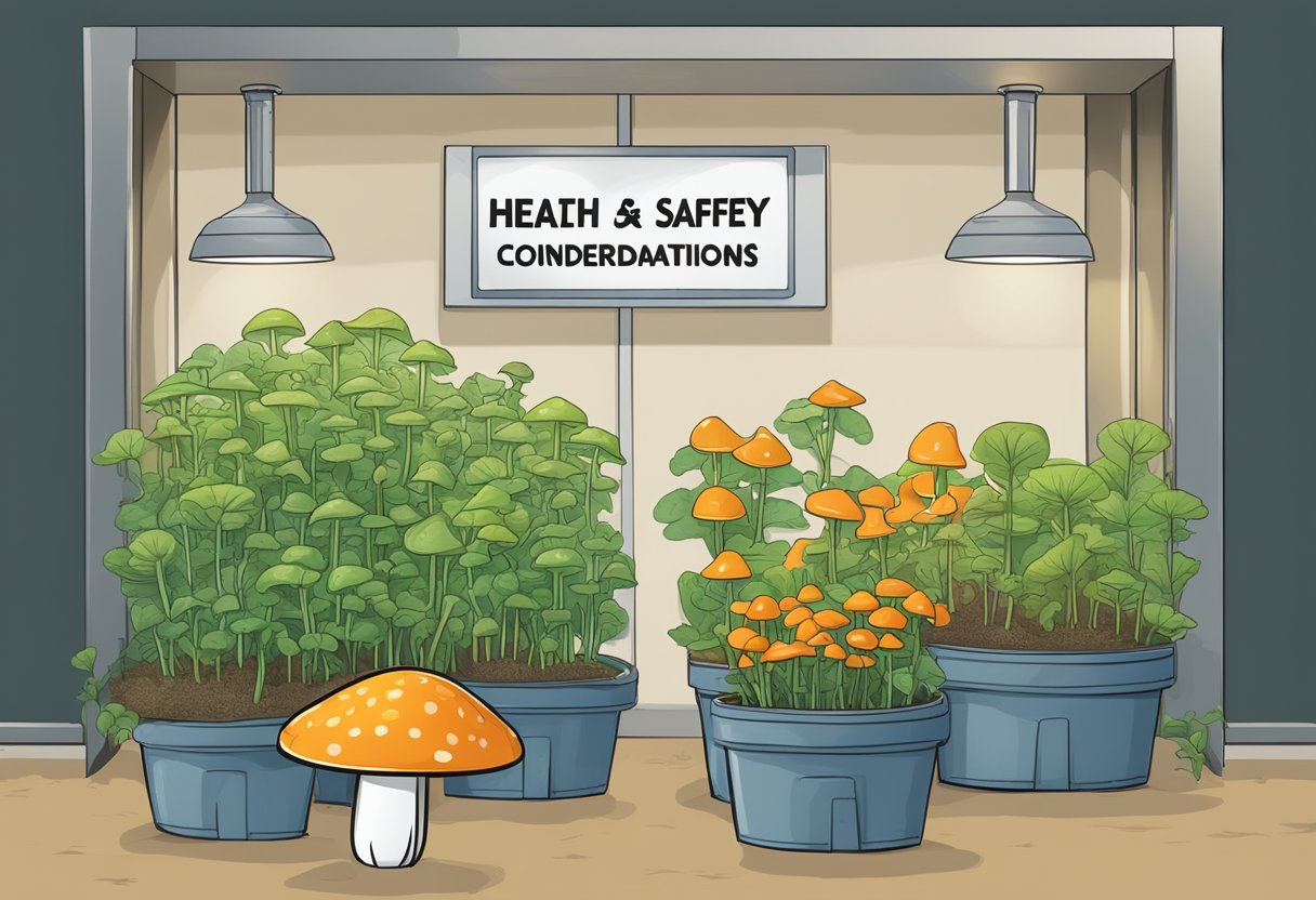 A sign reading "Health and Safety Considerations" next to a mushroom grow kit