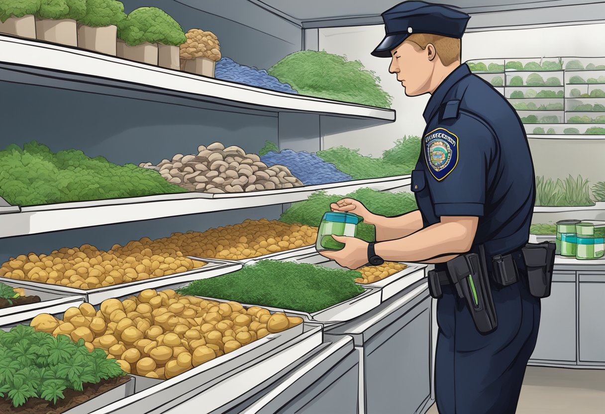 A police officer confiscates illegal mushroom grow kits from a store shelf