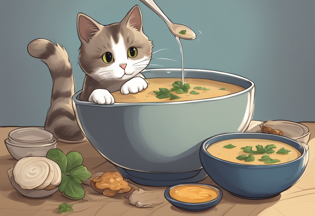 A cat eagerly laps up a bowl of mushroom soup