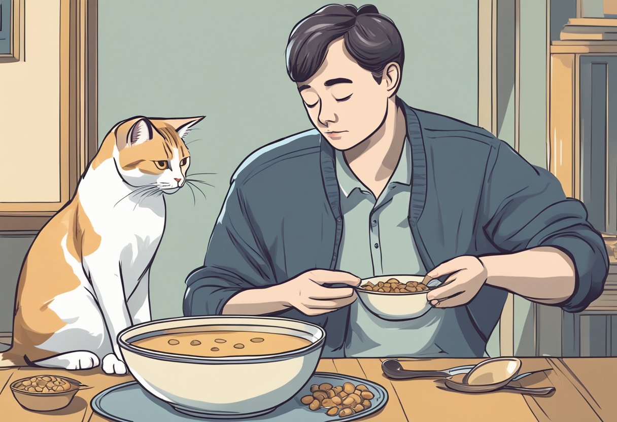 A cat sits in front of a bowl of mushroom soup, sniffing it cautiously. The cat's owner watches, concerned, while holding a bag of cat food