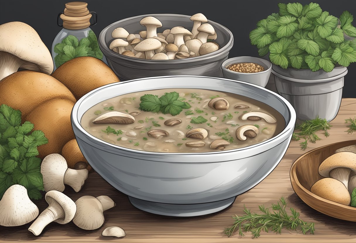 A steaming bowl of mushroom soup sits on a table, surrounded by fresh mushrooms, herbs, and a nutrition label