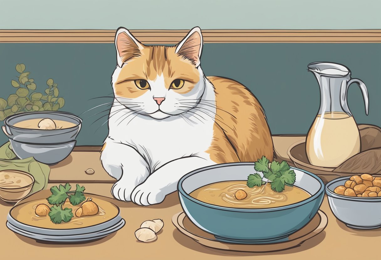 A cat sitting in front of a bowl of mushroom soup, looking disinterested. Nearby, there are bowls of alternative cat-friendly soups like chicken or fish