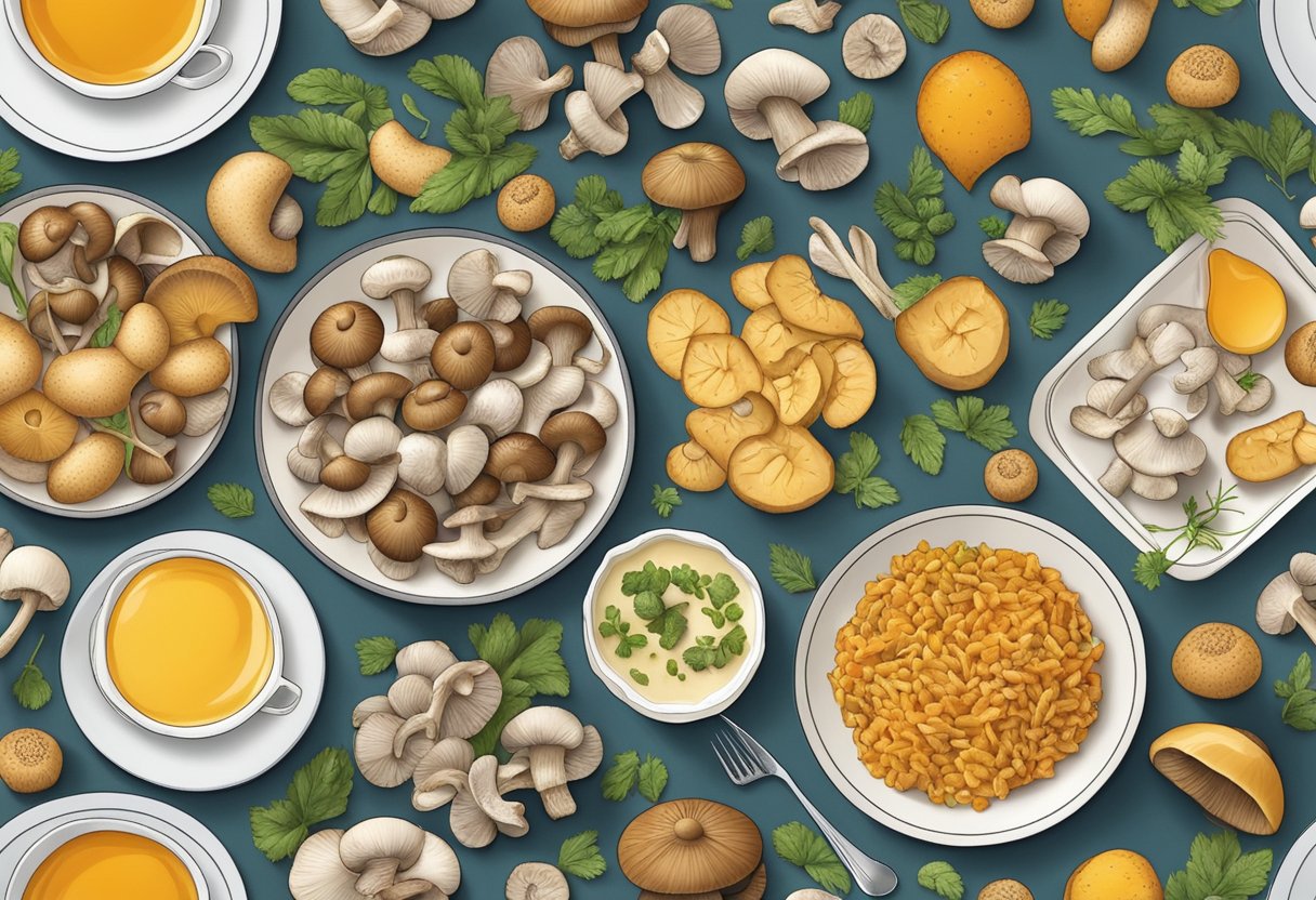 A plate of mushrooms surrounded by various food items