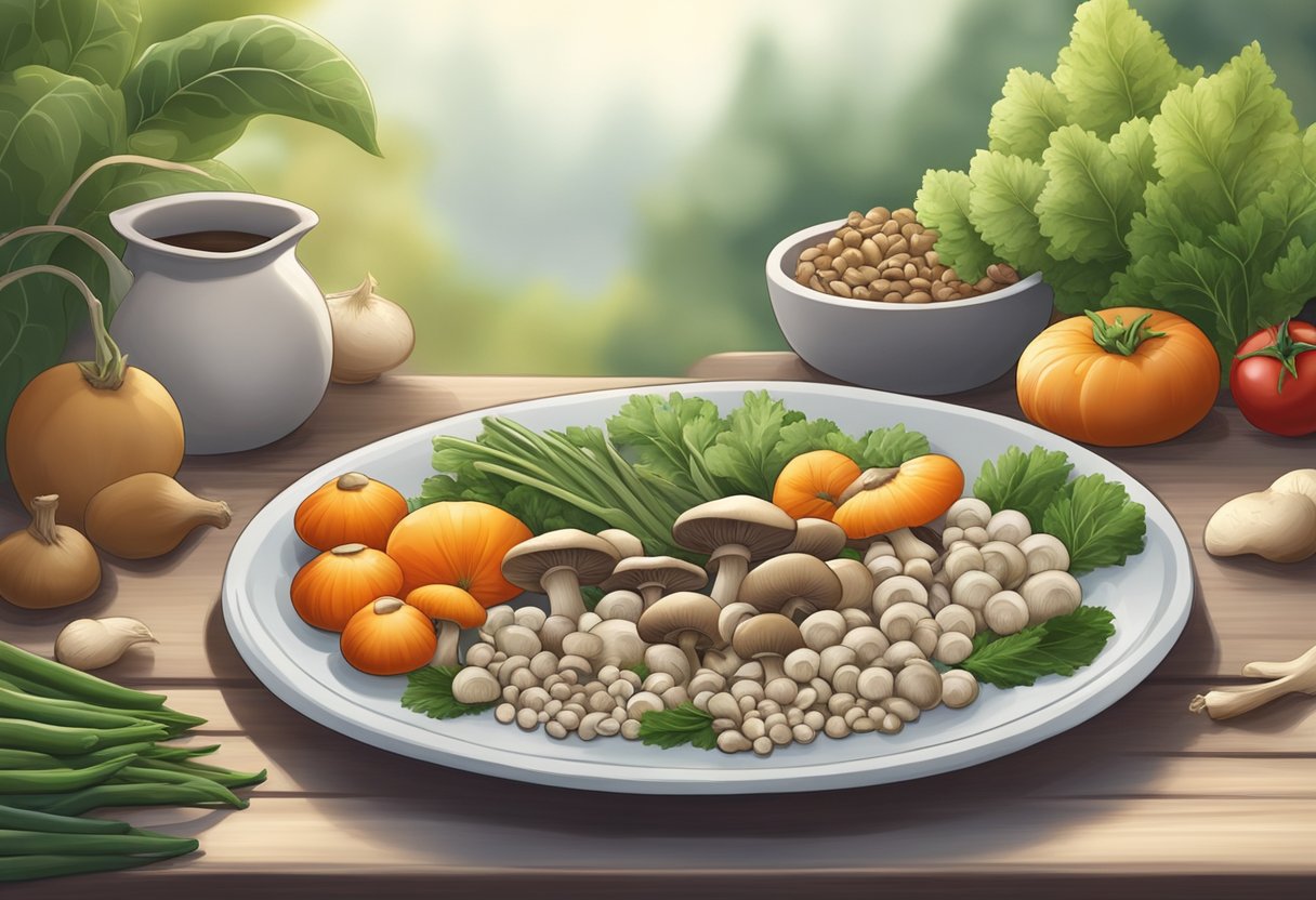 A plate of mushrooms sits on a table, surrounded by fresh vegetables and grains. The setting is peaceful and serene, with soft lighting and natural elements