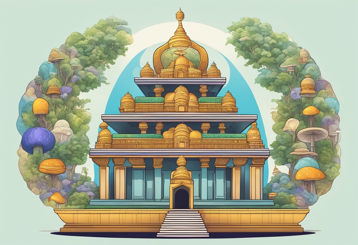 A modern Jain temple with global symbols, including a mushroom, represents the question of whether Jains can eat mushrooms