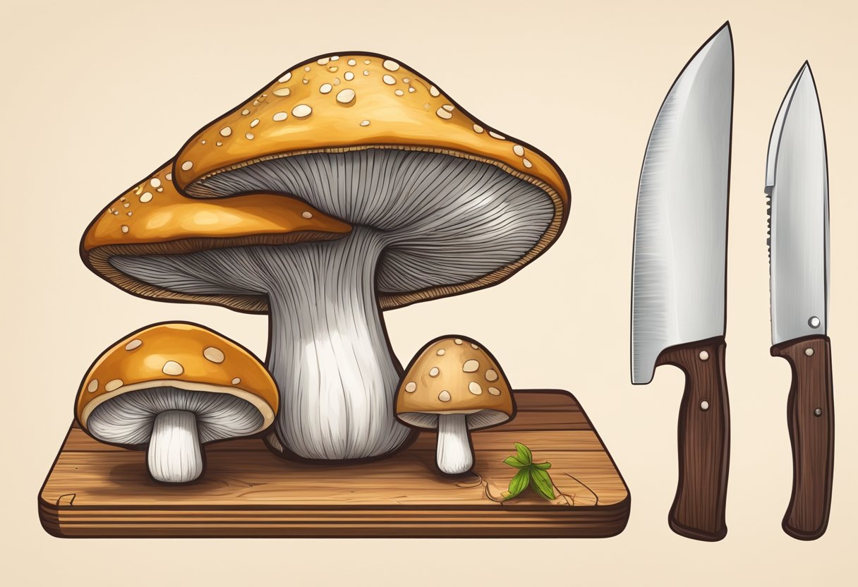 Two types of mushrooms side by side on a wooden cutting board with a knife and measuring tape nearby for comparison