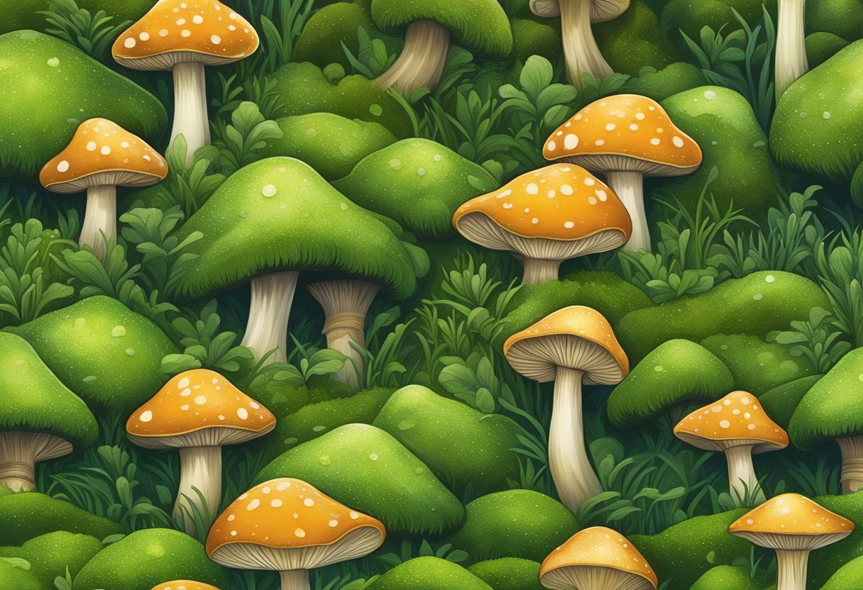 A plump, golden-brown mushroom sits on a bed of vibrant green moss, glistening with dew and emitting a tantalizing aroma