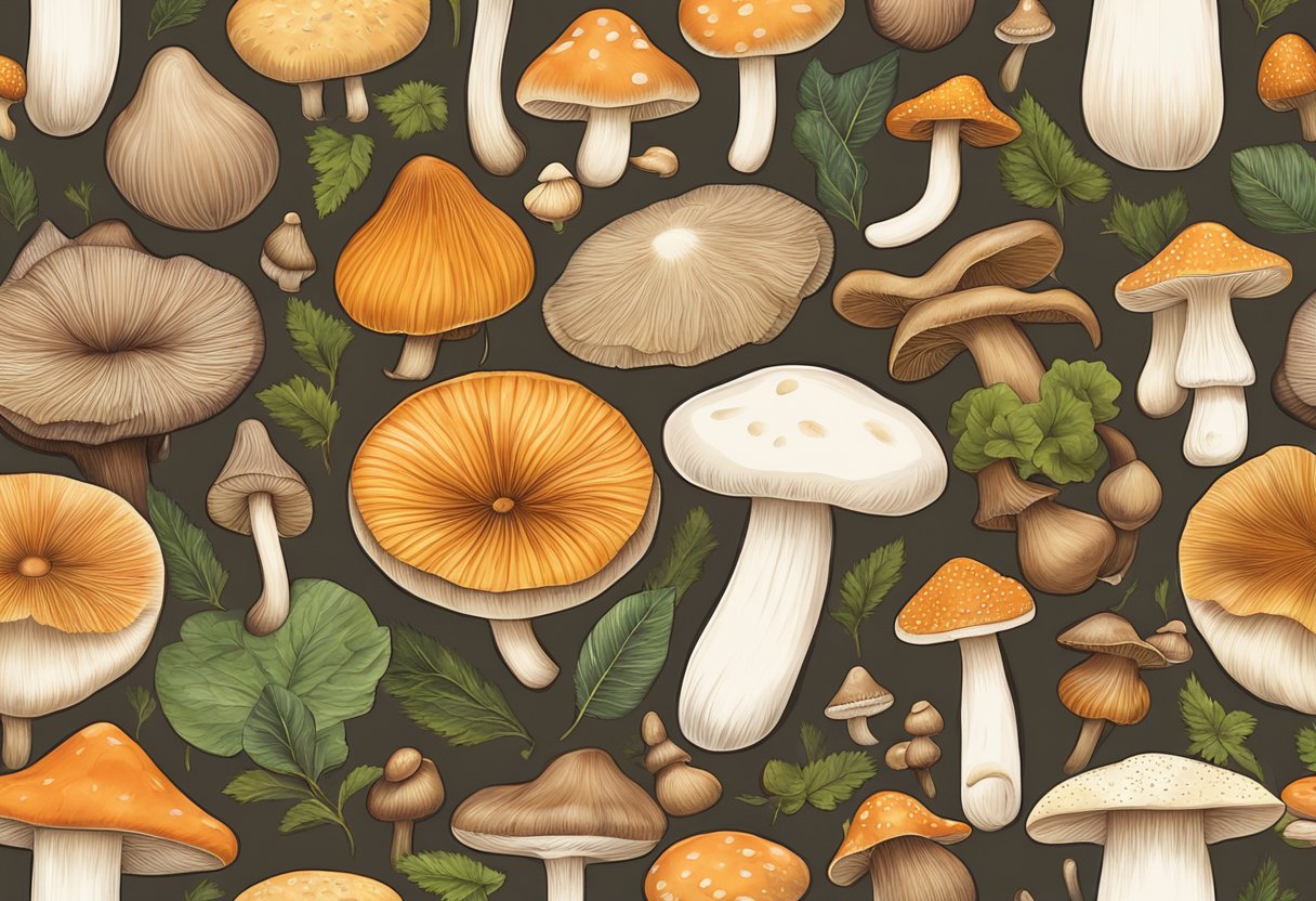 Luscious mushrooms arranged on a wooden cutting board, showcasing their variety of shapes, sizes, and earthy colors