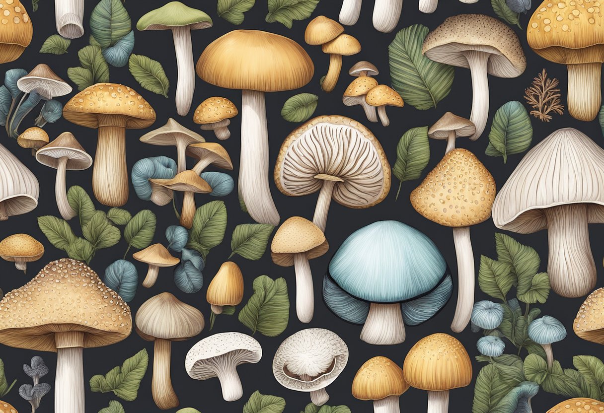 A variety of mushrooms in different shapes, sizes, and colors arranged on a wooden table, showcasing their unique textures and flavors