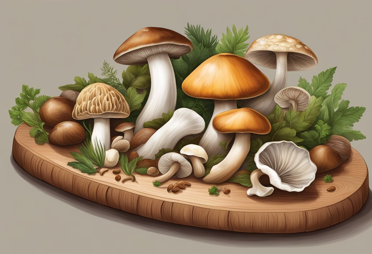 A variety of mushrooms, such as shiitake, porcini, and oyster, arranged on a wooden cutting board with vibrant herbs and spices