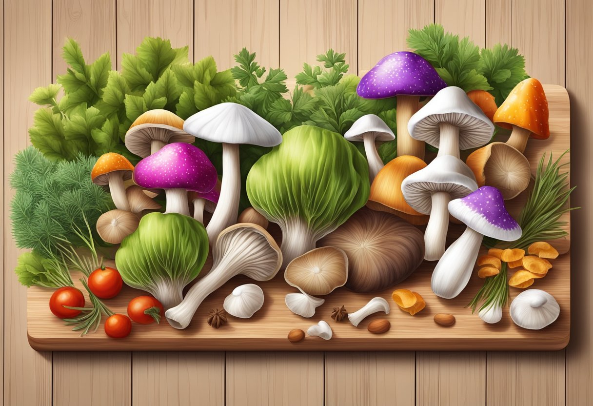 A variety of colorful and appetizing mushrooms arranged on a wooden cutting board, surrounded by fresh herbs and spices