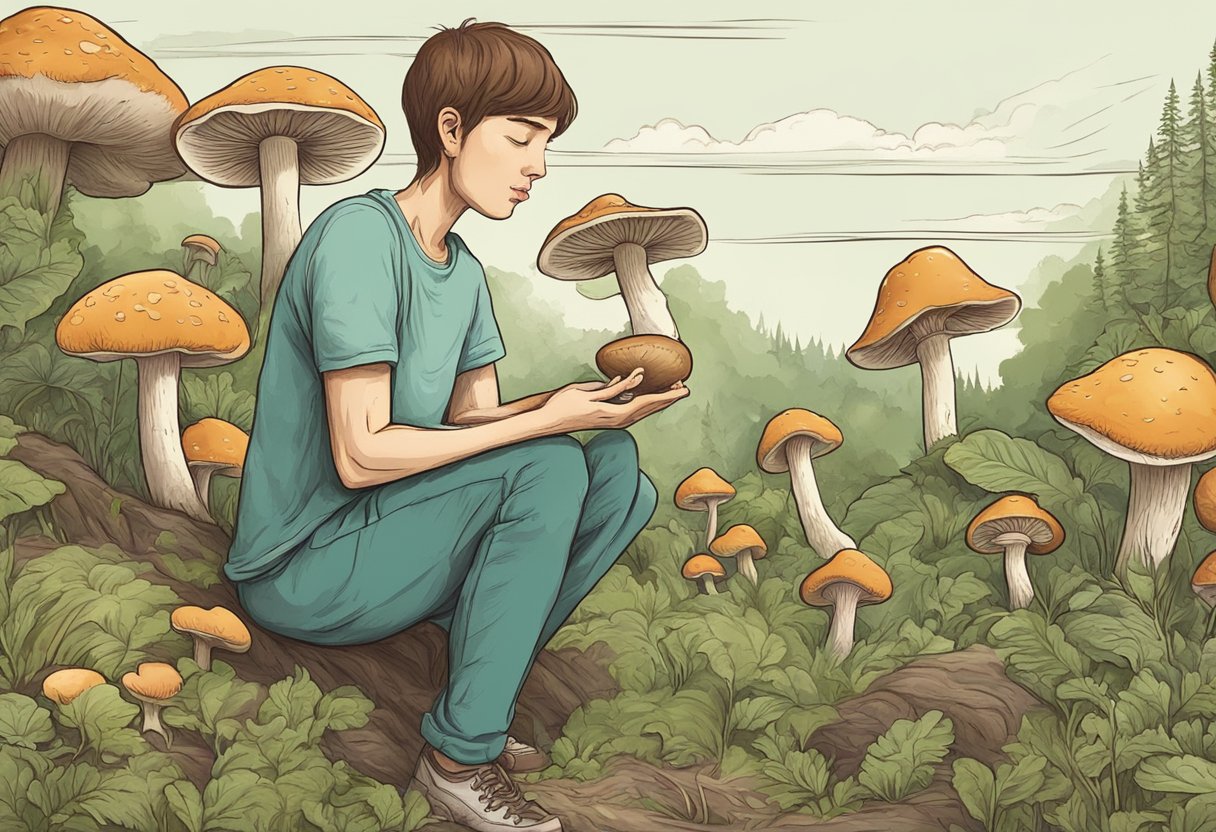 A person eats a mushroom, then clutches their stomach in discomfort
