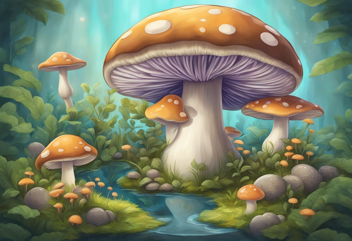 A mushroom sits in a stomach, surrounded by digestive organs. Gas bubbles form around the mushroom, causing discomfort