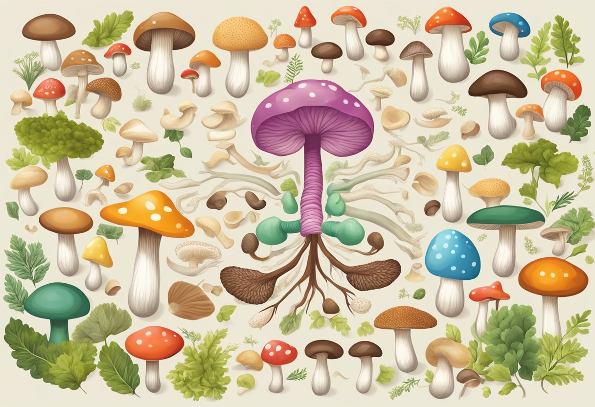 A variety of mushrooms surround a healthy digestive system, with arrows pointing towards the gut, indicating the positive impact of mushrooms on digestive health