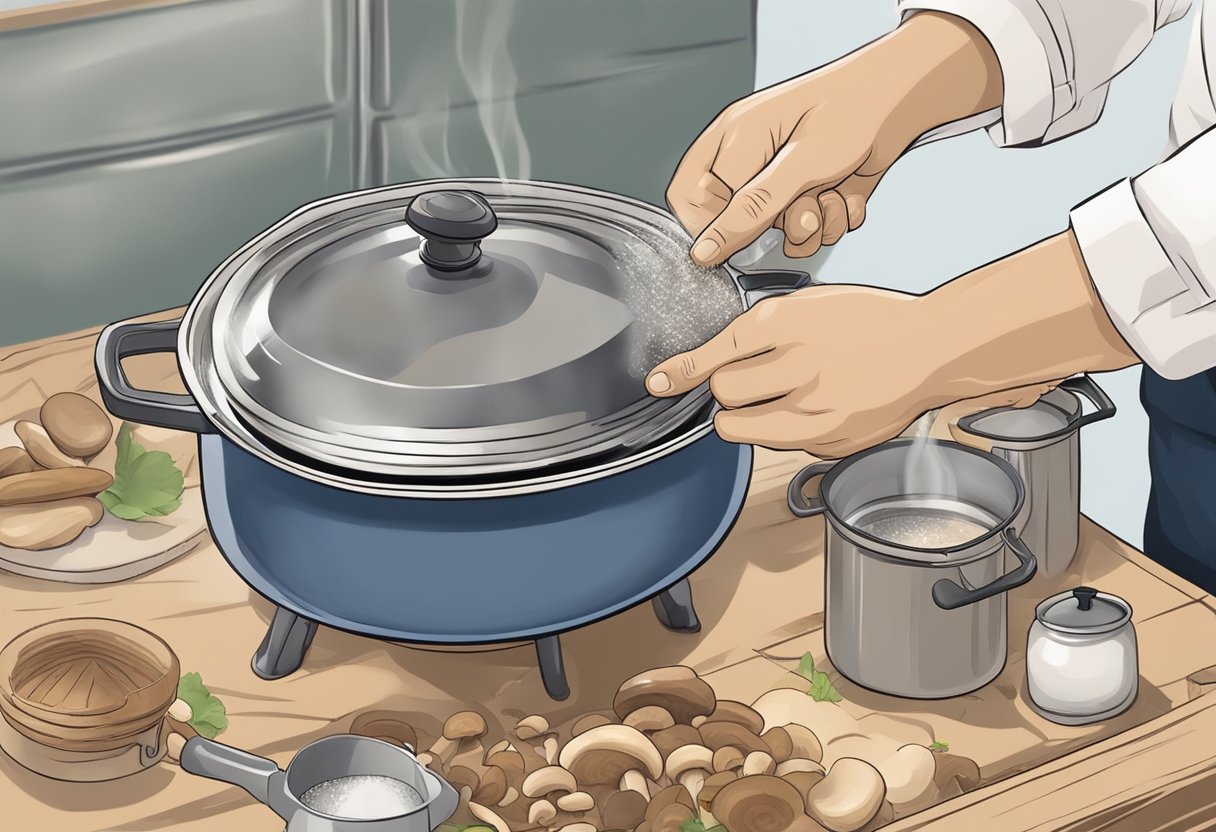 A person placing a lid on a pot of boiling mushrooms to prevent gas from forming