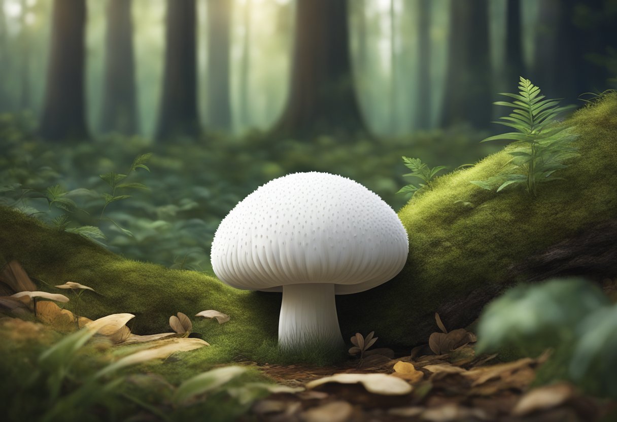 A puffball mushroom sits on the forest floor, its round shape and white color standing out against the greenery