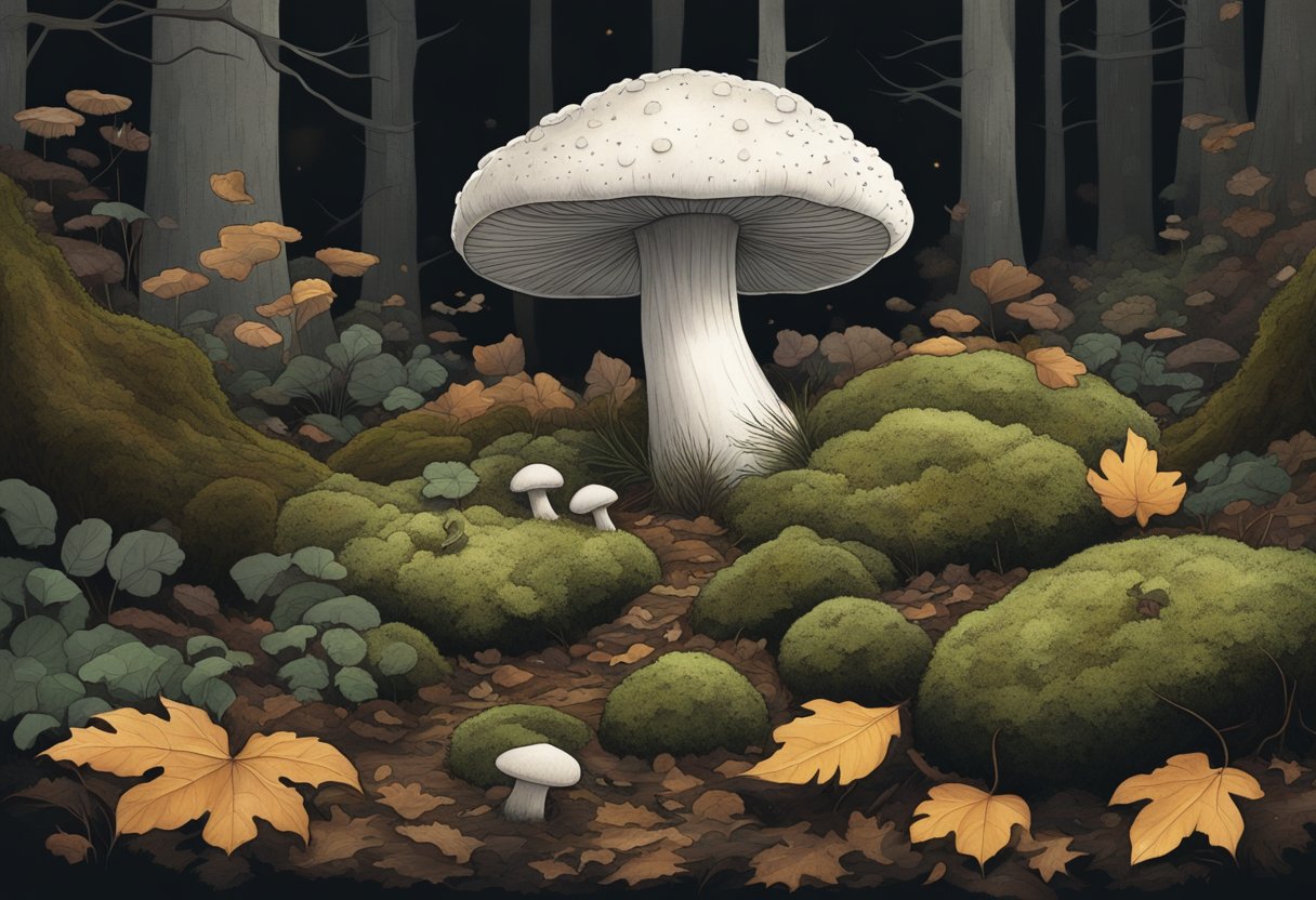 A puffball mushroom sits on a bed of fallen leaves in a dark, damp forest. Surrounding it, various fungi and moss cover the ground, hinting at the importance of preservation in this ecosystem