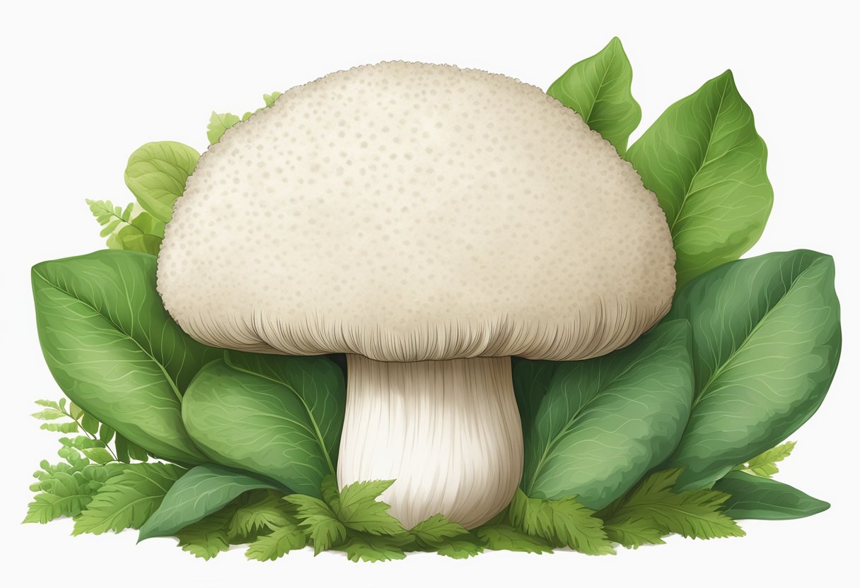 A puffball mushroom sits on a bed of green leaves, with a label showing its nutritional value and health benefits