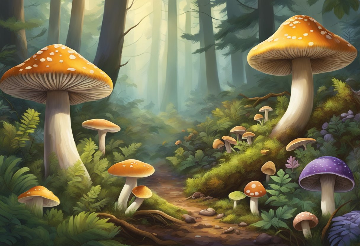 A diverse array of fungi and mushrooms populate the forest floor, creating a rich and vibrant ecosystem