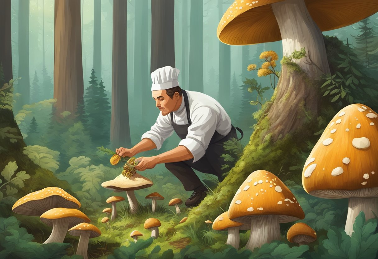 A chef sautés edible mushrooms while a herbalist collects medicinal fungi in a lush forest clearing