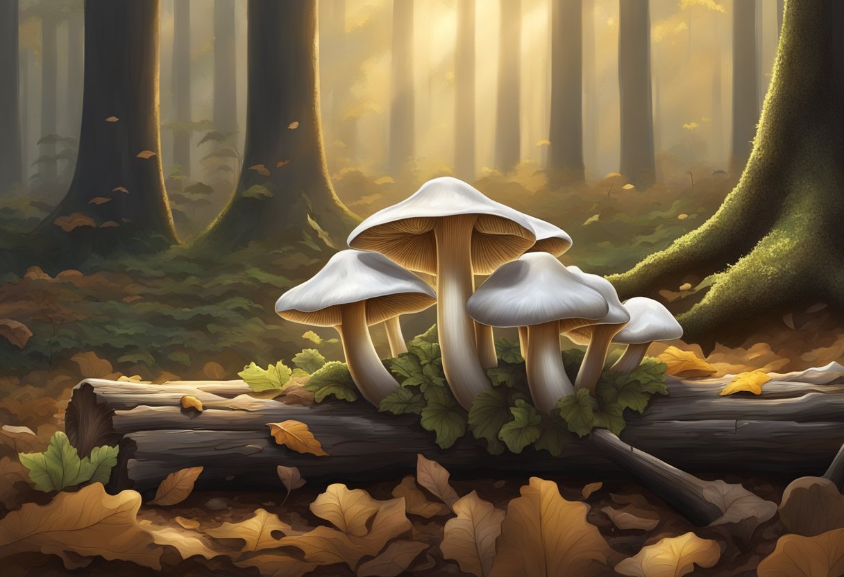 Lush oyster mushrooms grow on a log, surrounded by damp soil and fallen leaves, with soft sunlight filtering through the forest canopy