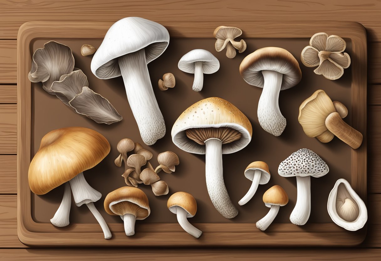 A variety of mushrooms arranged on a wooden cutting board, including shiitake, portobello, and king oyster