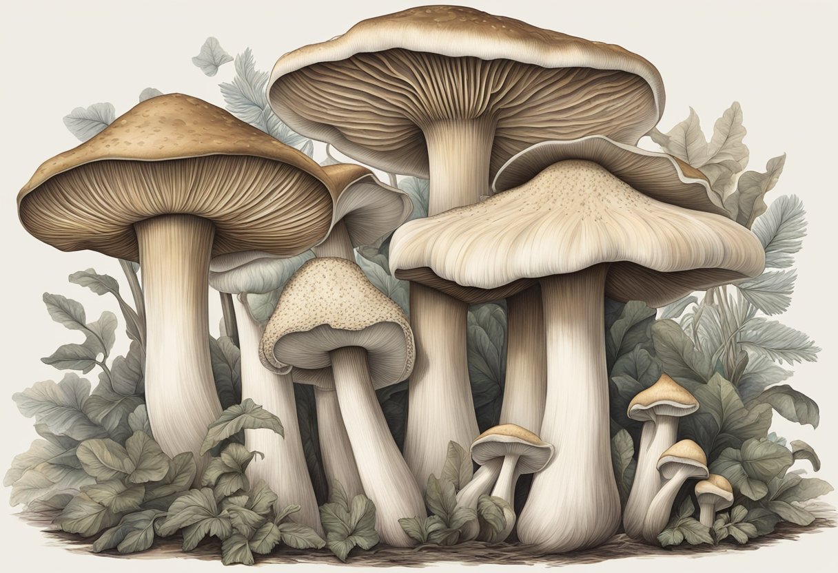 An oyster mushroom stands tall, surrounded by other specialty mushroom substitutes. Its gills are prominent, with a smooth, pale cap and a sturdy, fibrous stem
