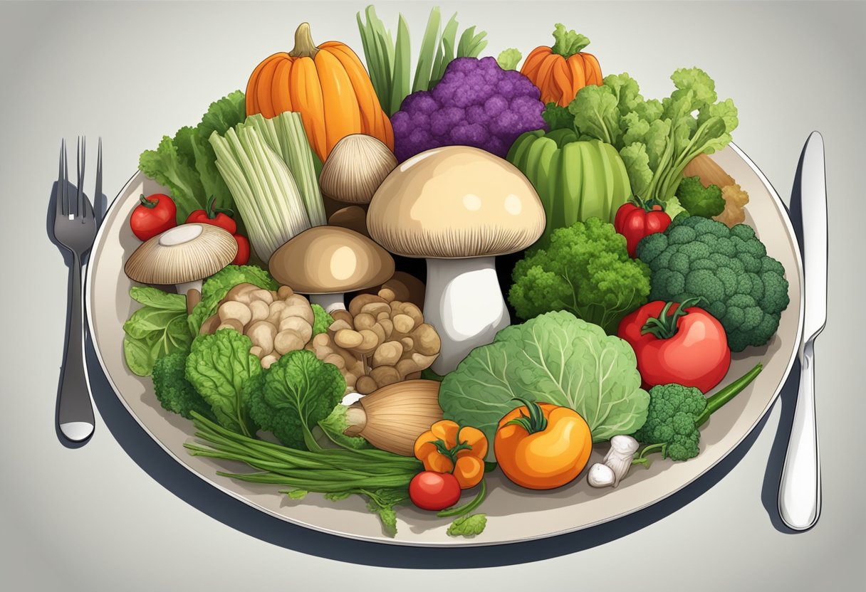 A mushroom sits on a plate, surrounded by other vegetables and protein sources