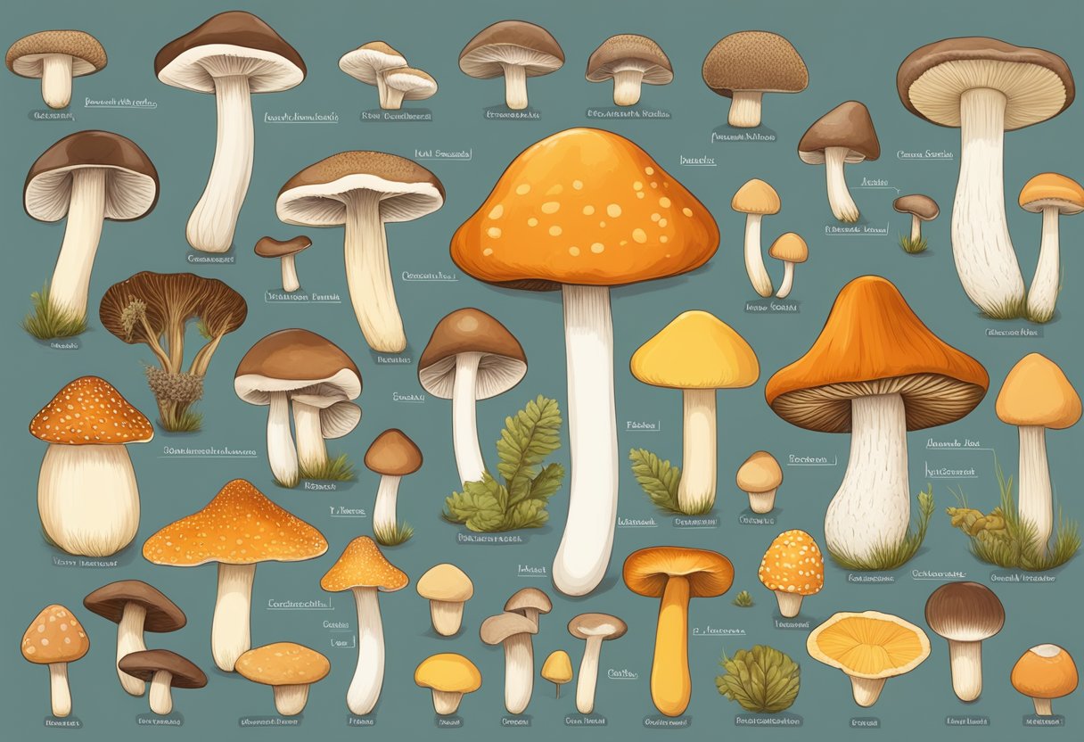 A variety of mushrooms arranged in a group, with labels indicating different types and classifications