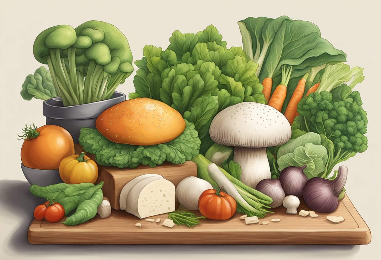 A mushroom sits on a cutting board, surrounded by various vegetables and a container of protein-rich tofu