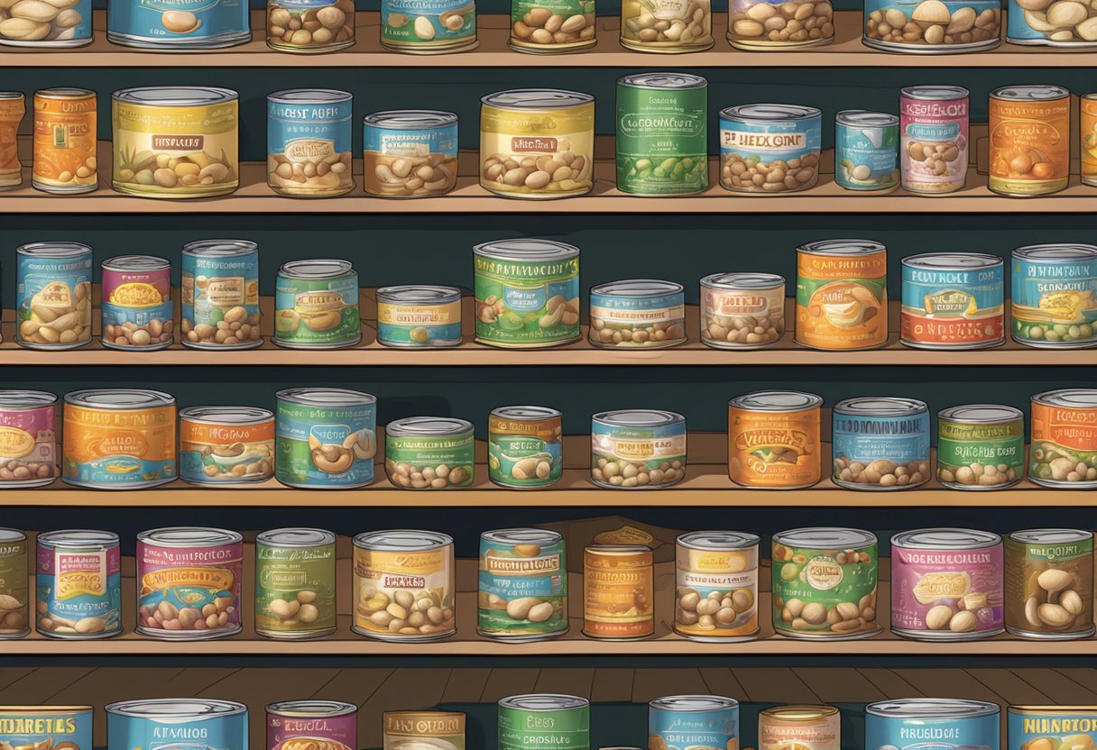 Canned mushrooms sit on a shelf, their labels facing outward. A beam of light highlights their shapes and colors, creating a visually appealing display