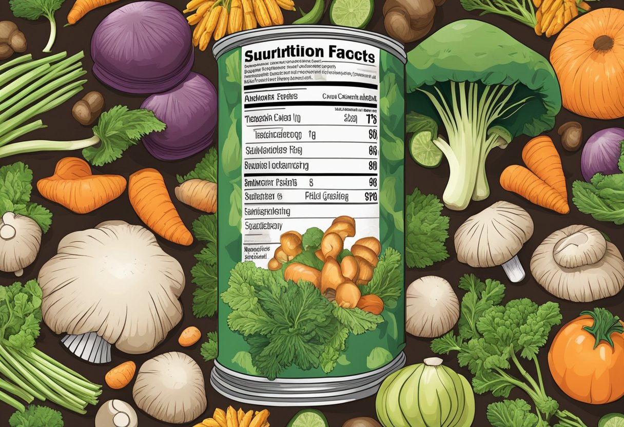 A can of mushrooms surrounded by a variety of fresh vegetables, with a nutrition label prominently displayed