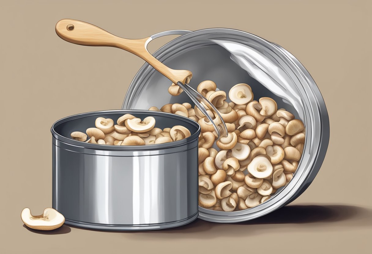 Canned mushrooms being opened and drained, then sliced for cooking