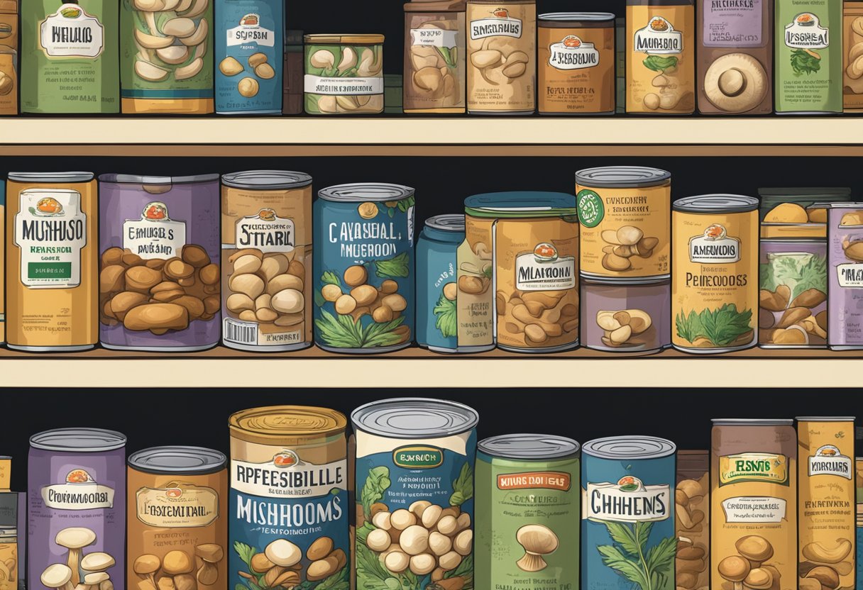 Canned mushrooms sit neatly on a pantry shelf, surrounded by other non-perishable items