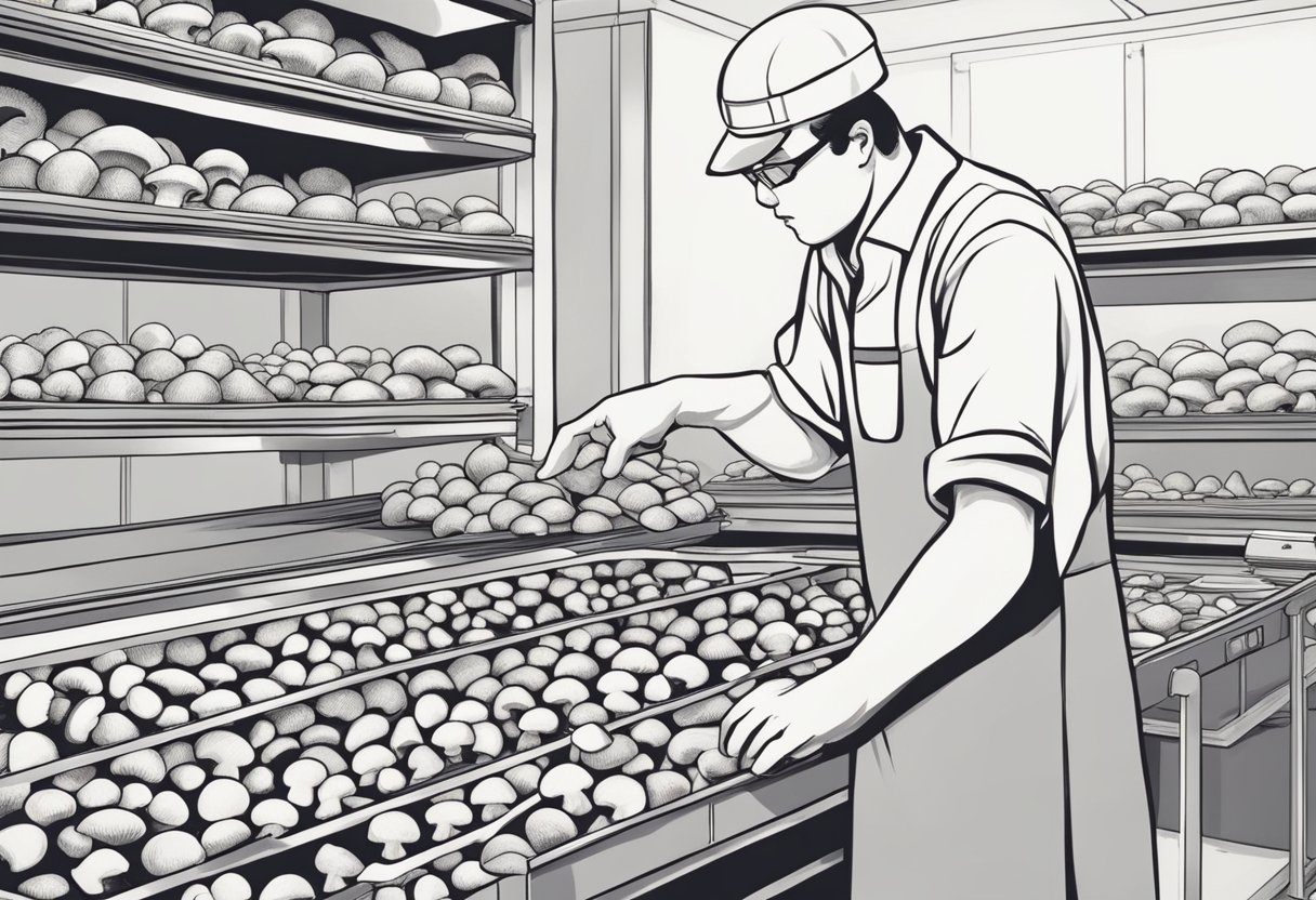 Freshly picked mushrooms being carefully inspected for quality and safety before being canned