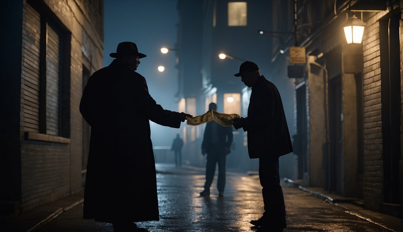 A dimly lit alley with a shadowy figure exchanging cash with a nervous borrower. The silhouette of a menacing loan shark looms in the background